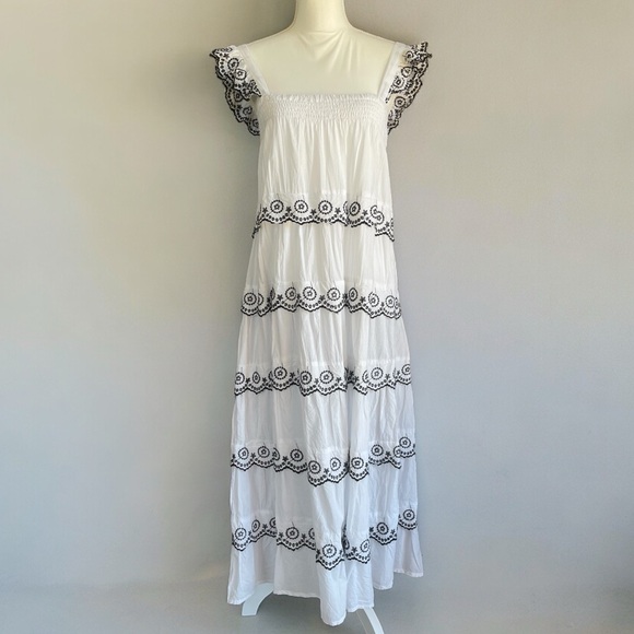 Meadow Rhodes Dresses & Skirts - White 100% Cotton Embroidered Flutter Sleeveless Tiered Boho Maxi Dress